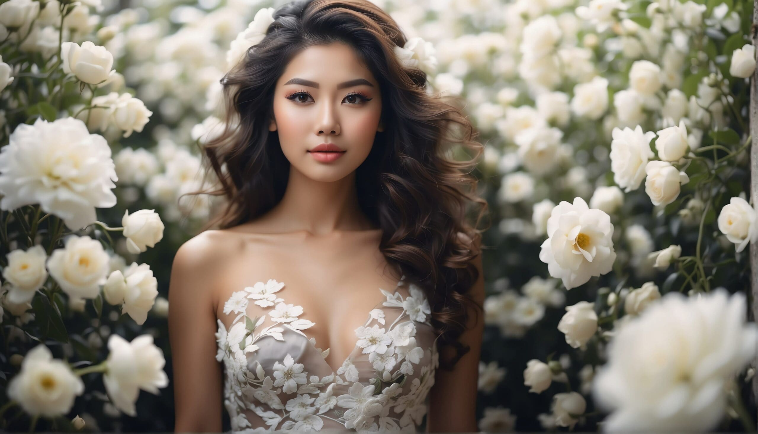 white flowers background for asian beautiful happy woman on dress from Generative AI